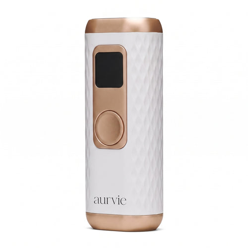 Aurvie Glow IPL hair removal handset in white and rose gold on a white background (ALT)