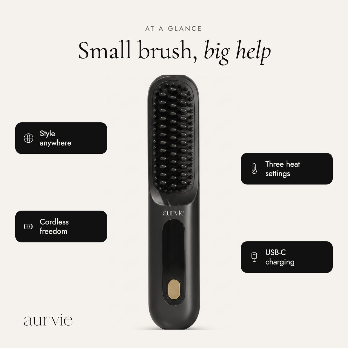 At a glance: style anywhere, cordless, three heat settings, USB-C charging (ALT)