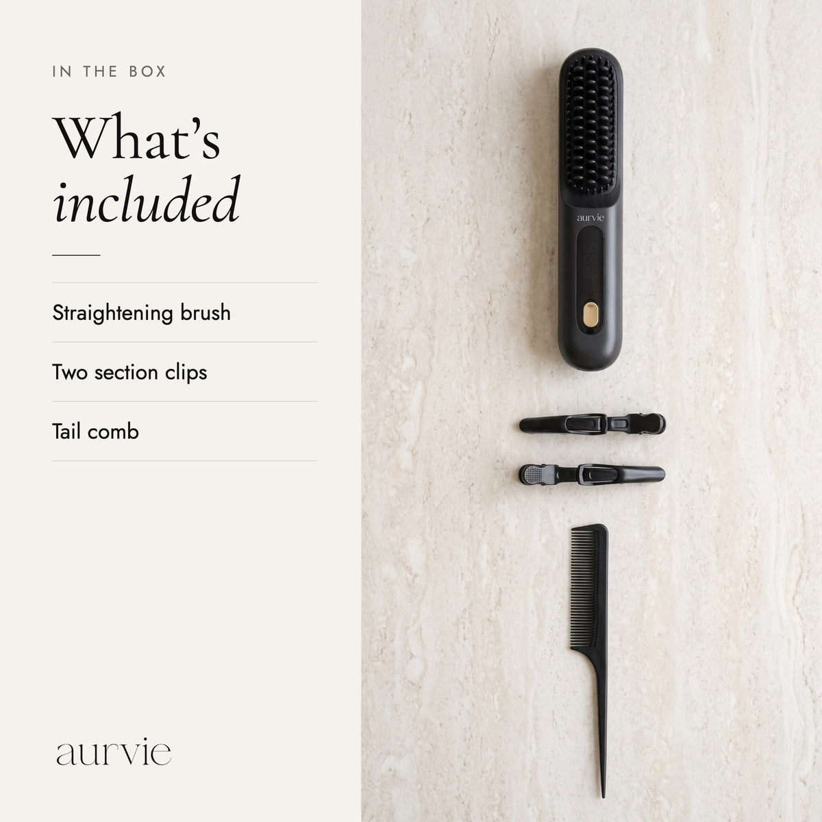 In the box: straightening brush, two section clips and a tail comb (ALT)