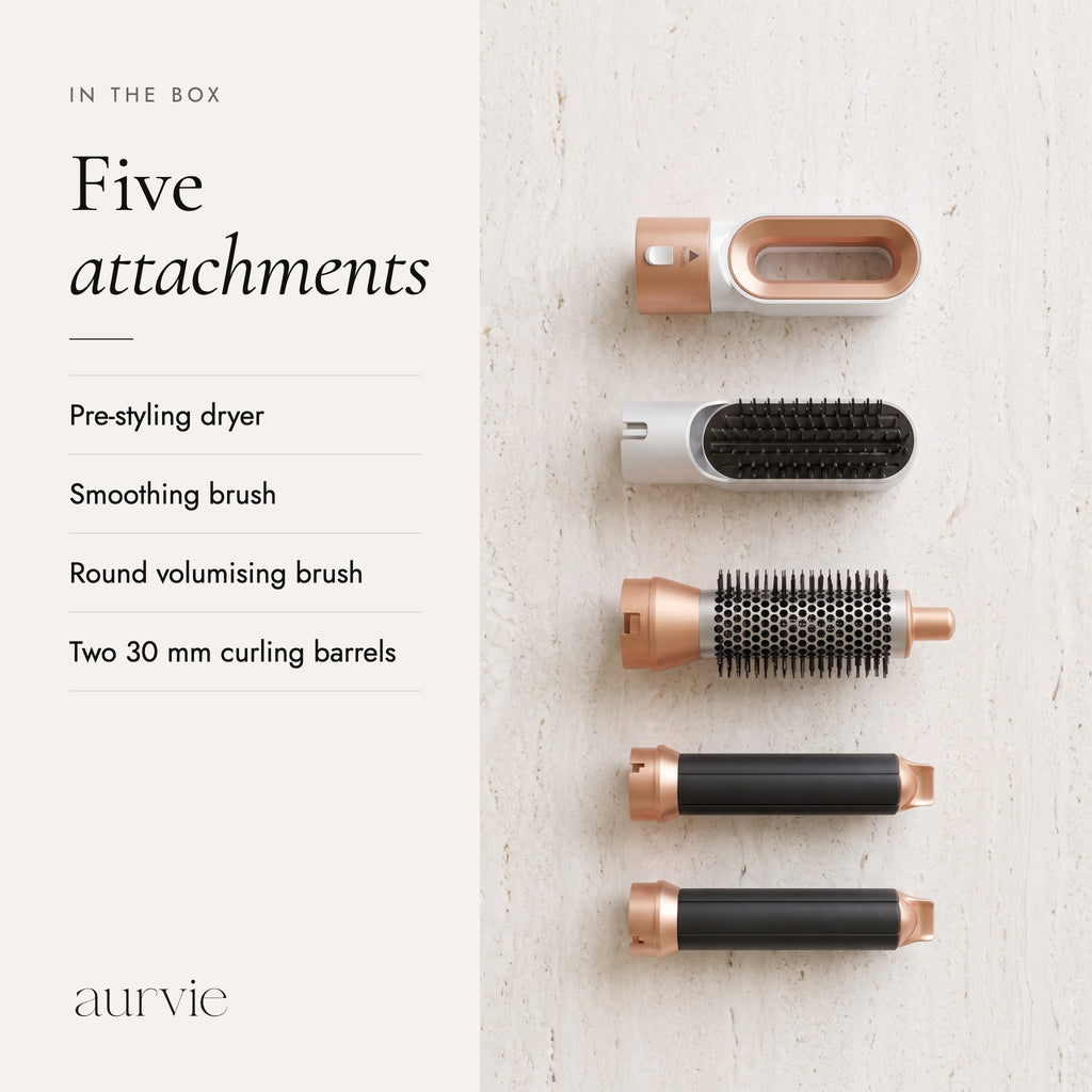 Five attachments: dryer, smoothing brush, round brush and two curling barrels (ALT)