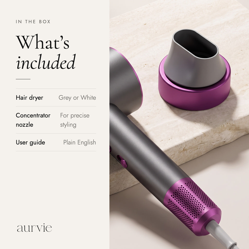 What is included: hair dryer, concentrator nozzle and user guide (ALT)