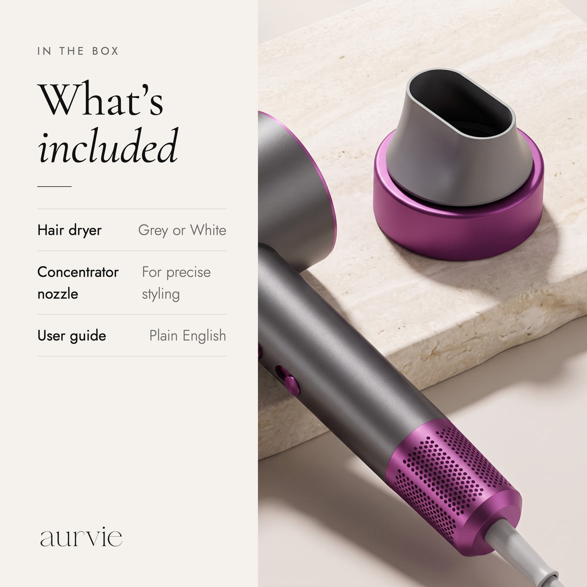 What is included: hair dryer, concentrator nozzle and user guide (ALT)