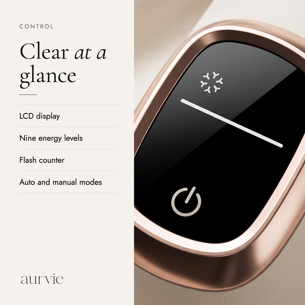 Display close-up: LCD screen, nine energy levels, flash counter, auto and manual modes (ALT)