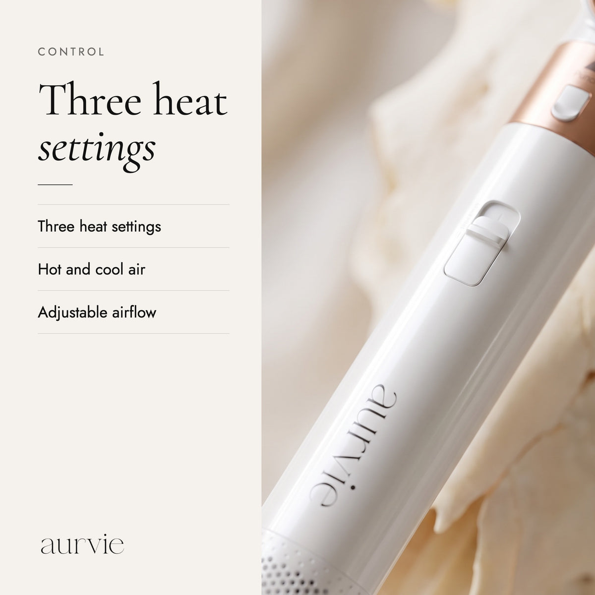 Handle close-up: three heat settings, hot and cool air (ALT)