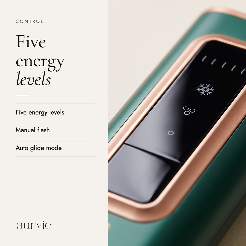 Control panel close-up: five energy levels, manual flash and auto glide (ALT)