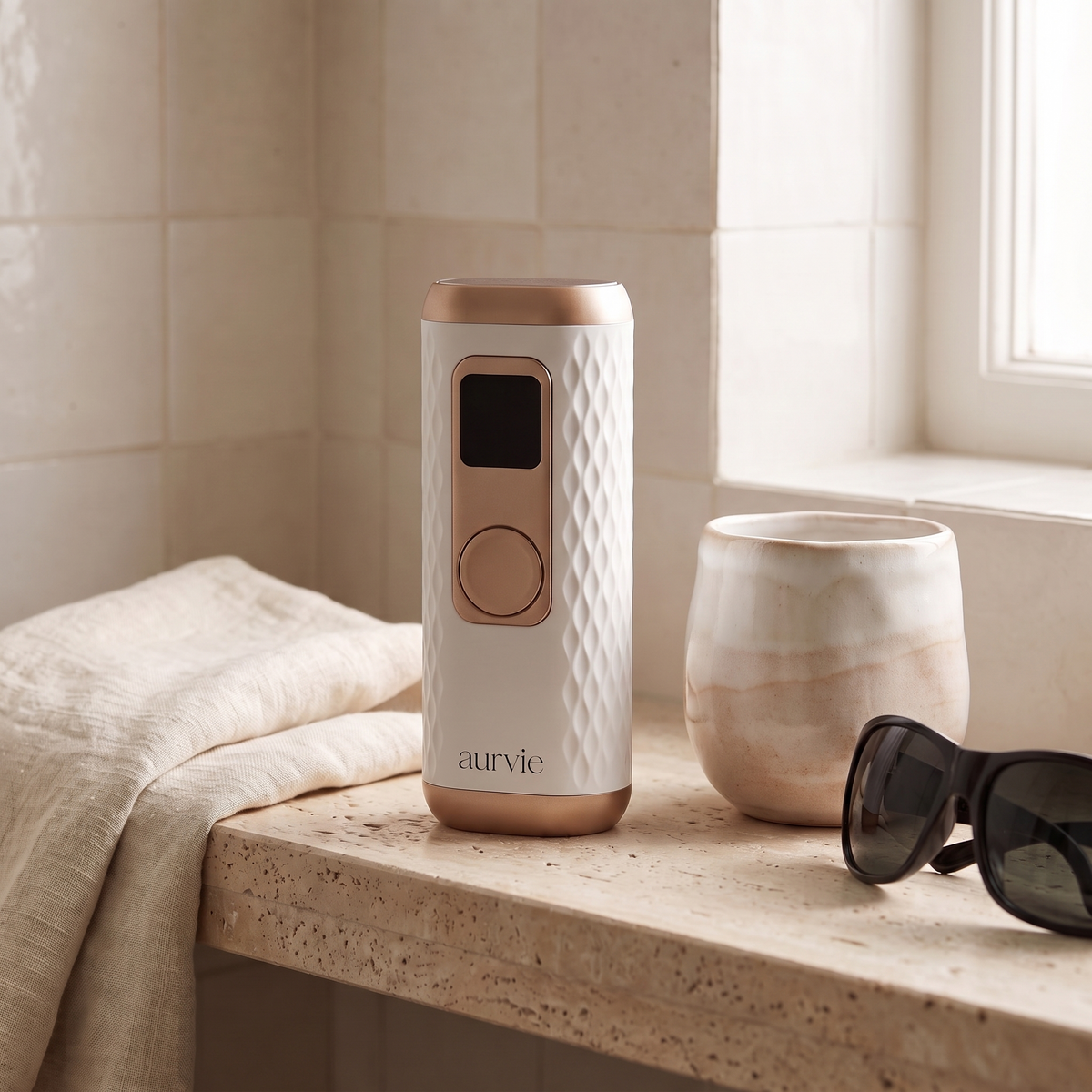 Aurvie IPL handset on a bathroom shelf beside protective glasses (ALT)