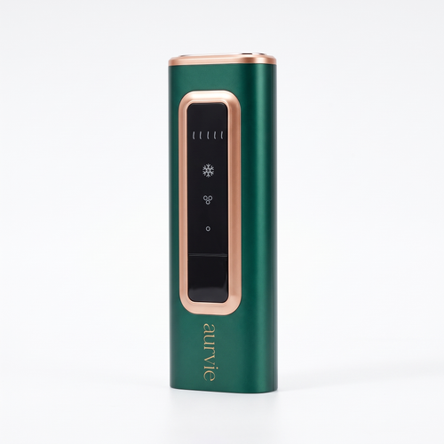 Aurvie IPL hair removal device in emerald green and rose gold (ALT)