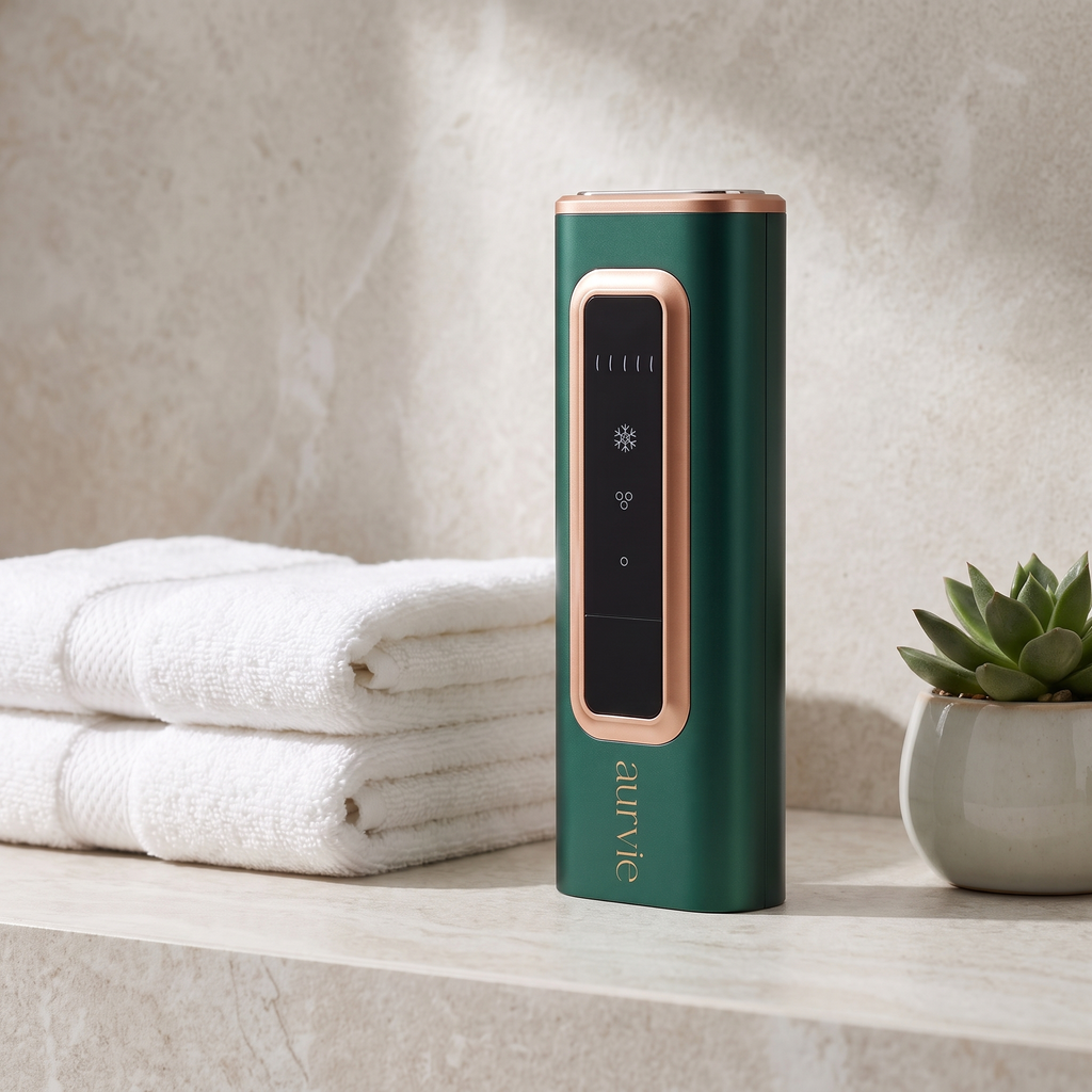 Aurvie IPL device on a bathroom counter beside folded towels (ALT)