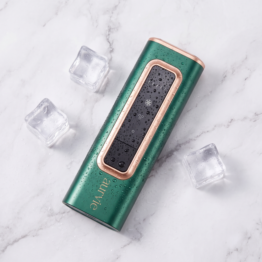 Aurvie IPL device on marble with ice cubes and water droplets (ALT)