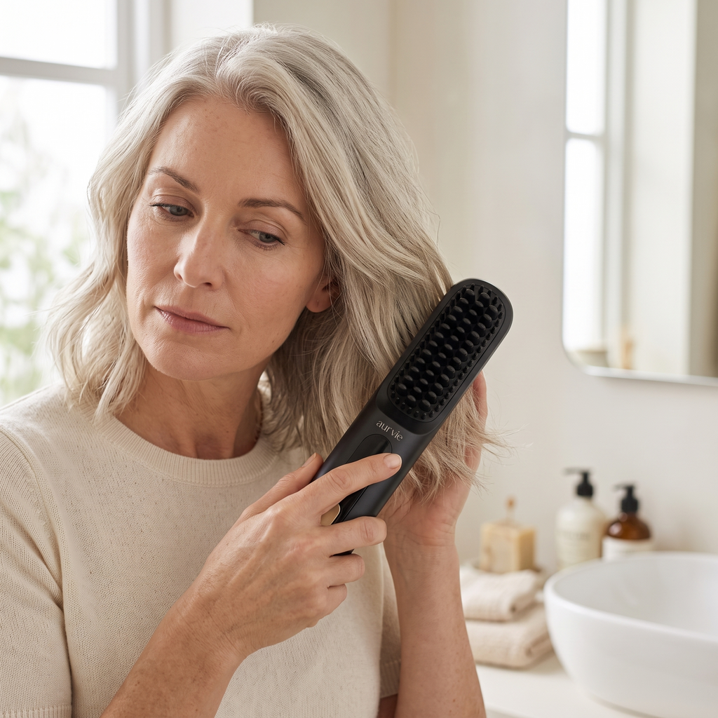 Woman smoothing her hair with the Aurvie straightening brush (ALT)