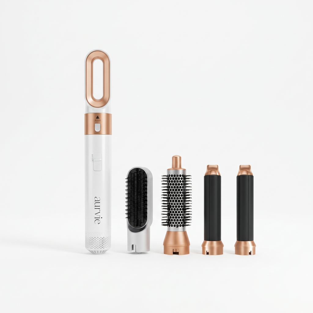 Aurvie 5-in-1 Airstyler in white and rose gold with its attachments (ALT)