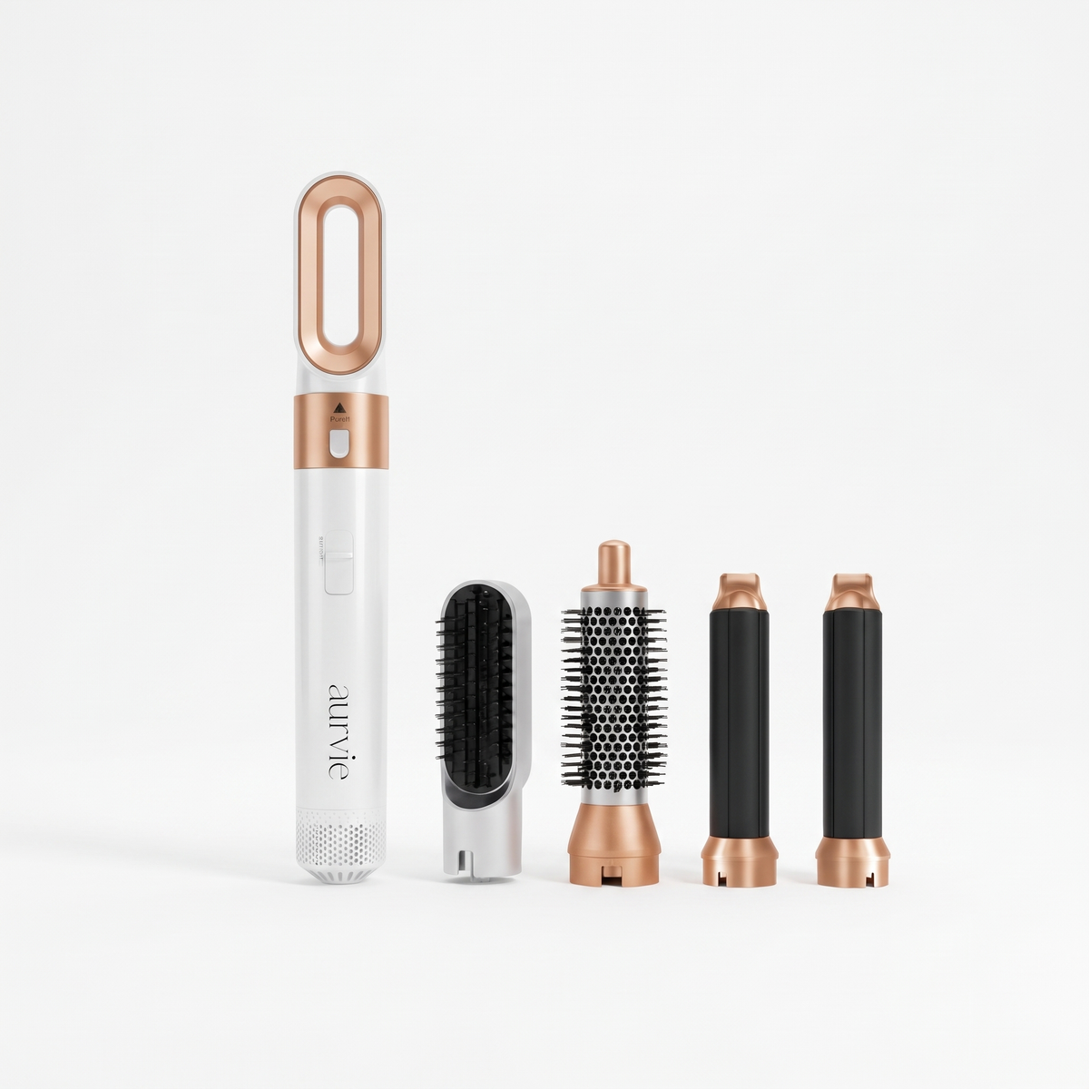 Aurvie 5-in-1 Airstyler in white and rose gold with its attachments (ALT)