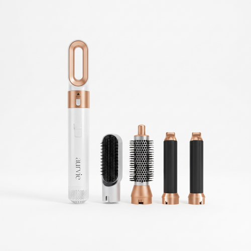 Aurvie 5-in-1 Airstyler in white and rose gold with its attachments (ALT)