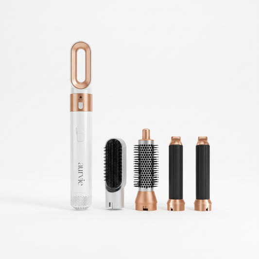 Aurvie 5-in-1 Airstyler in white and rose gold with its attachments (ALT)