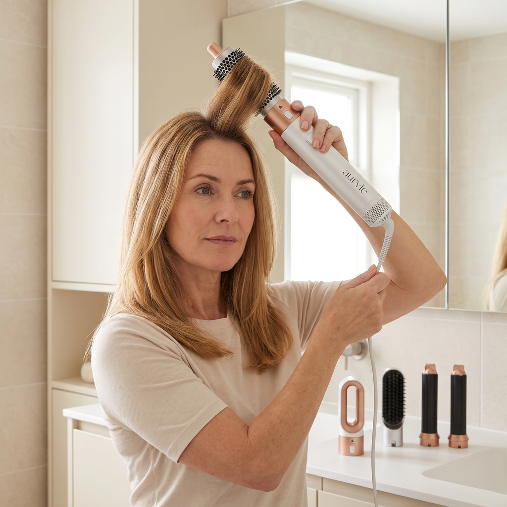 Woman adding volume with the round brush attachment (ALT)
