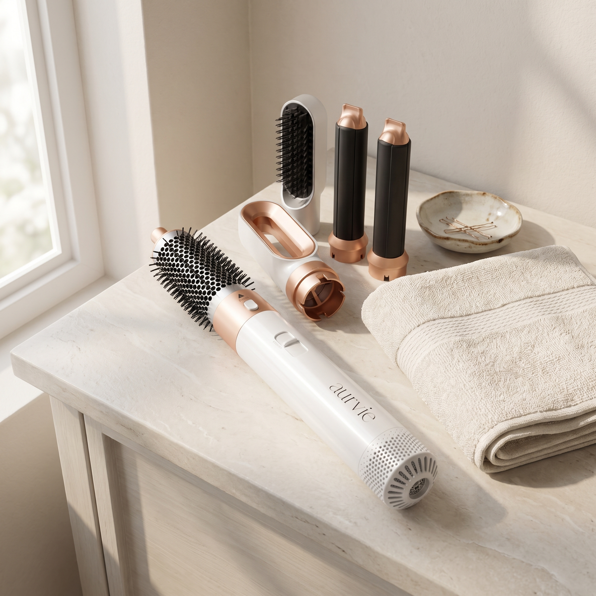Airstyler and attachments on a stone vanity beside a towel (ALT)