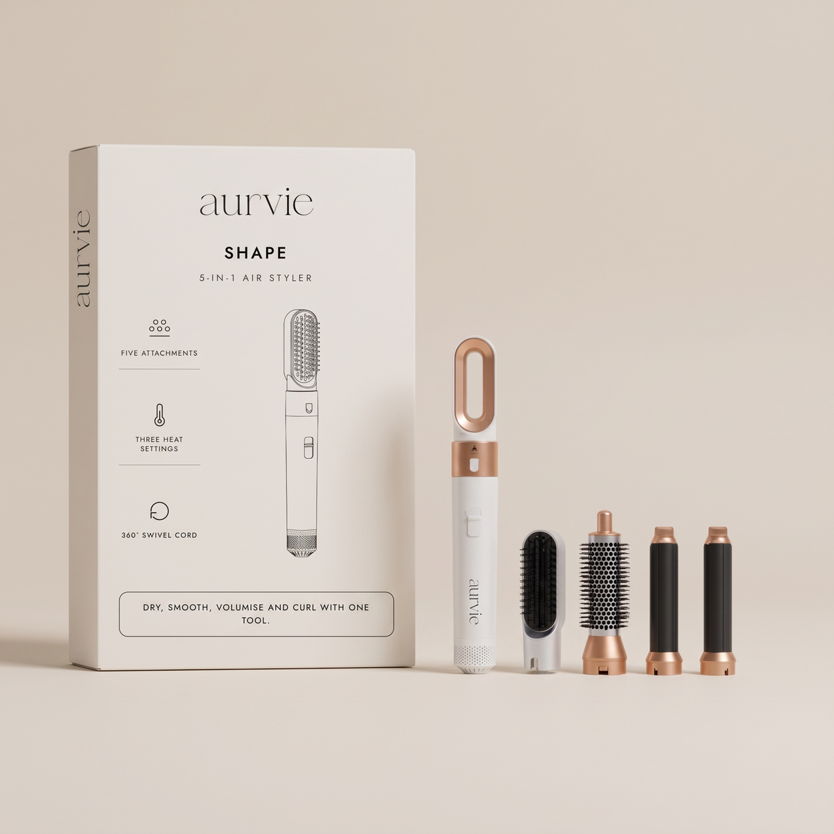 Aurvie Shape airstyler and attachments beside the retail box (ALT)