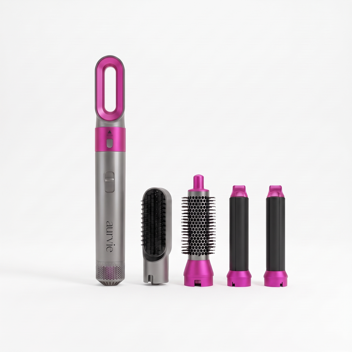 Aurvie Shape airstyler in grey and pink with its five attachments (ALT)