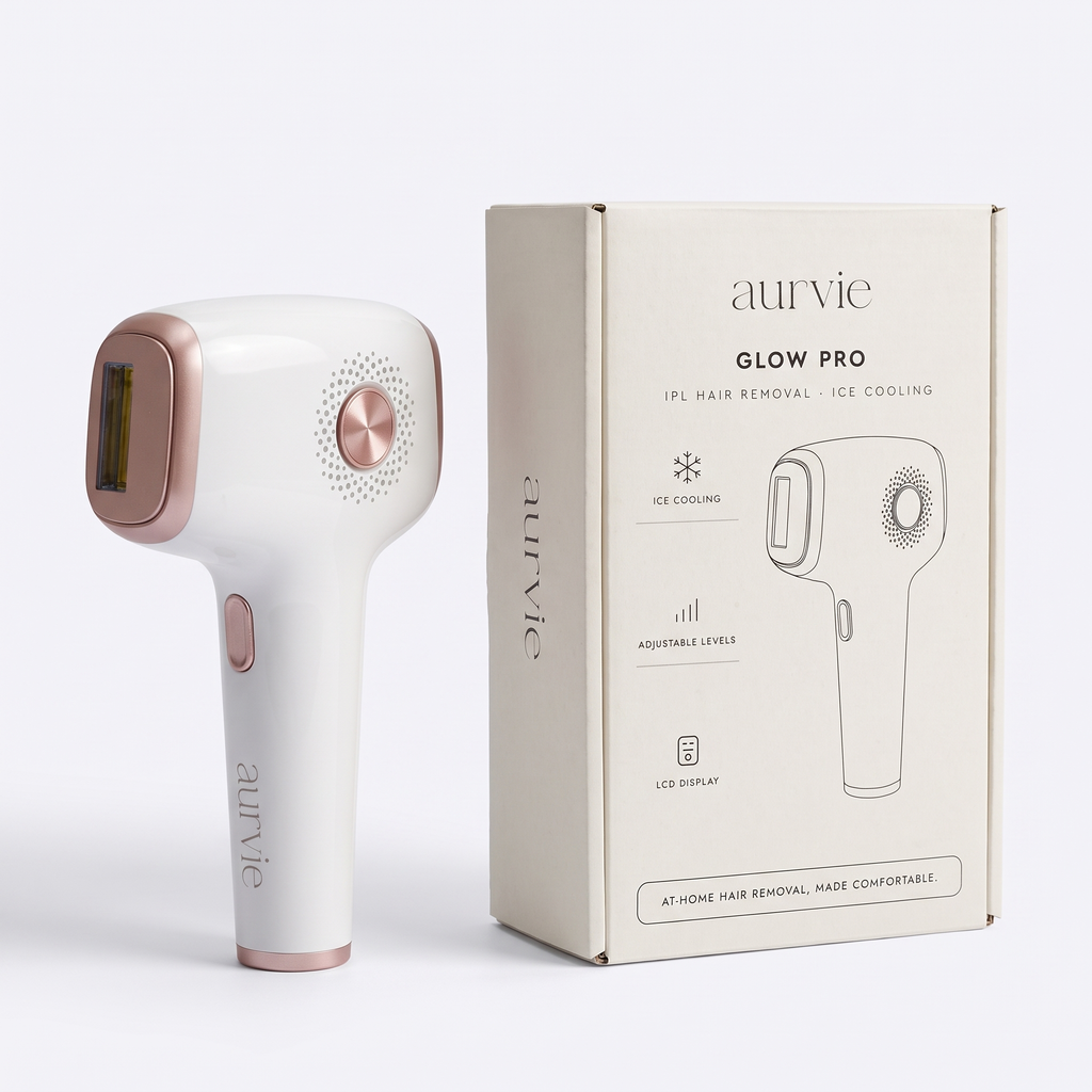 Aurvie Glow Pro IPL device beside its retail box (ALT)