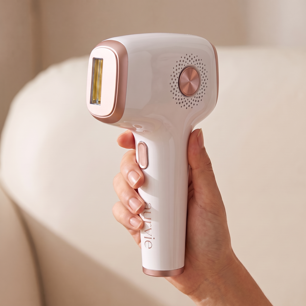 Hand holding the Aurvie Glow Pro device by its handle (ALT)