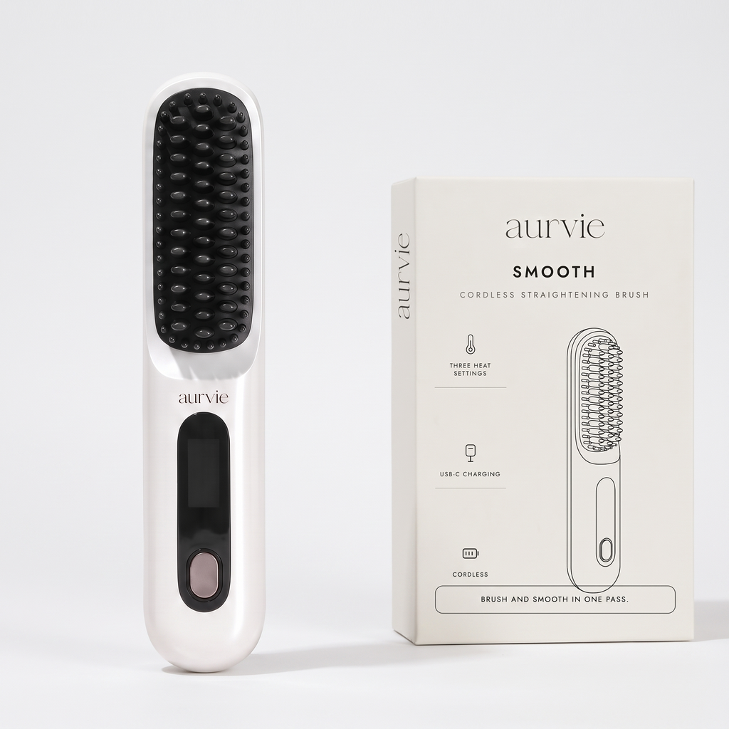 Aurvie Smooth straightening brush in white beside its retail box (ALT)