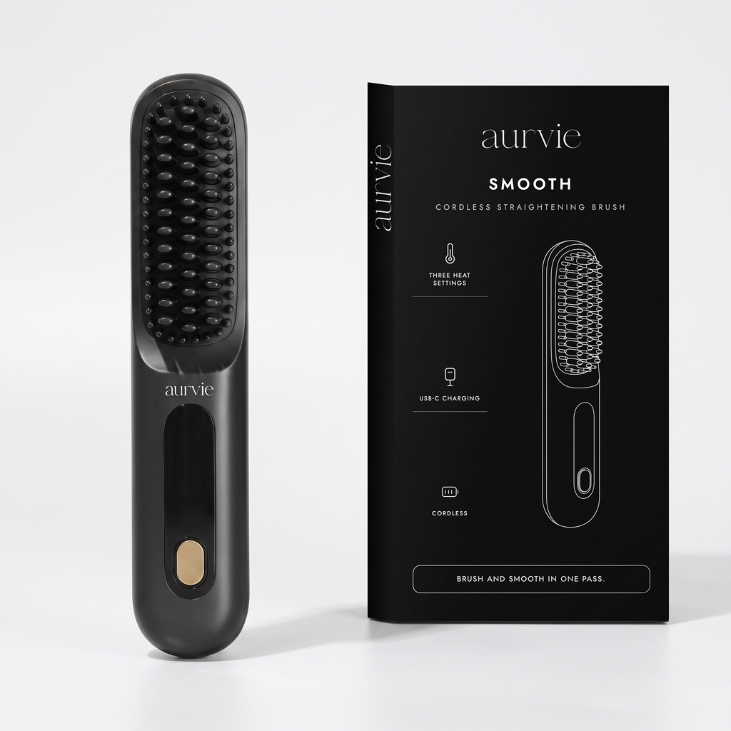 Aurvie Smooth straightening brush in black beside its retail box (ALT)