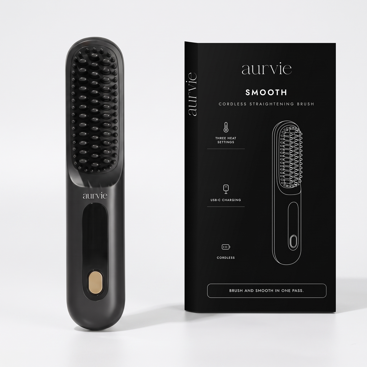 Aurvie Smooth straightening brush in black beside its retail box (ALT)