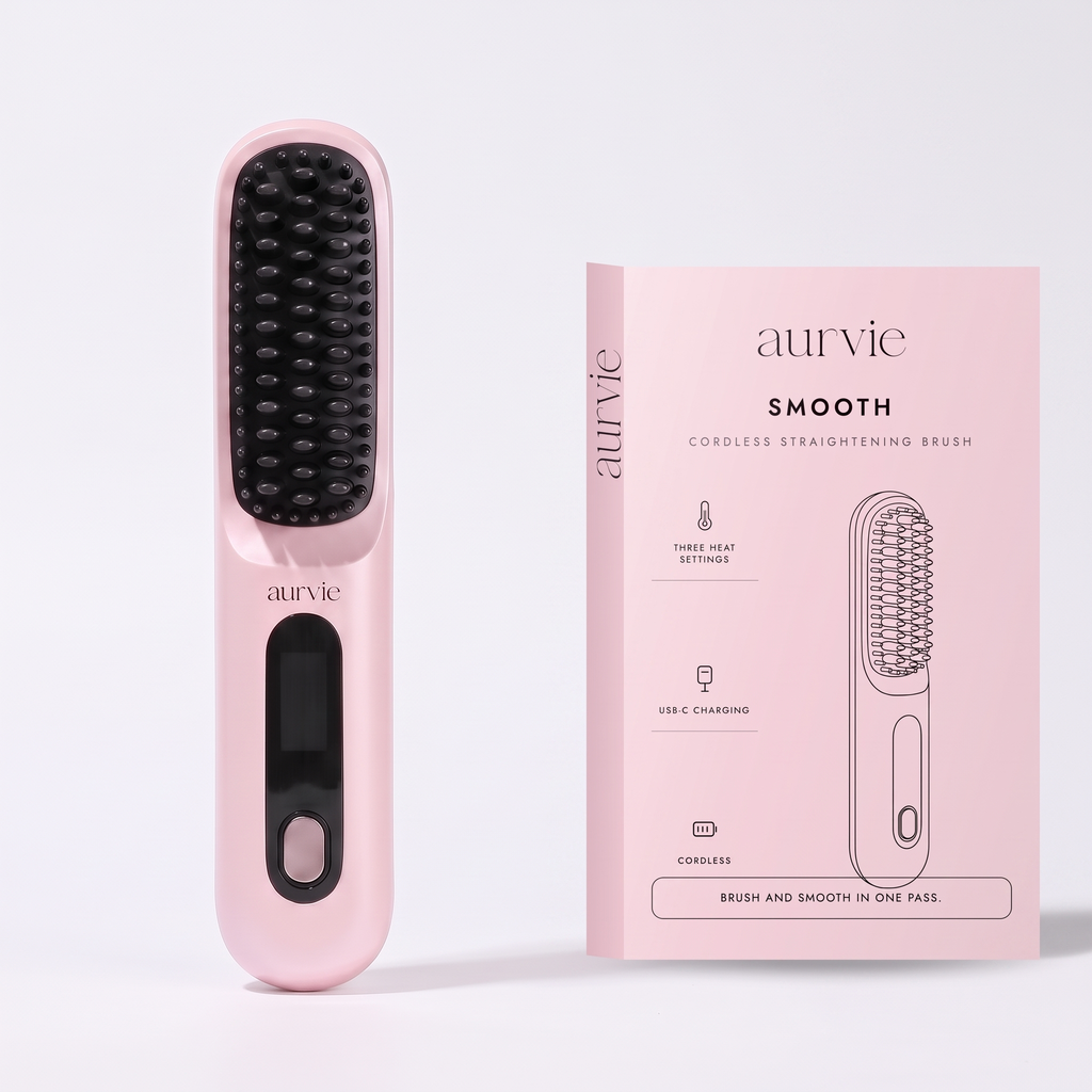 Aurvie Smooth straightening brush in pink beside its retail box (ALT)