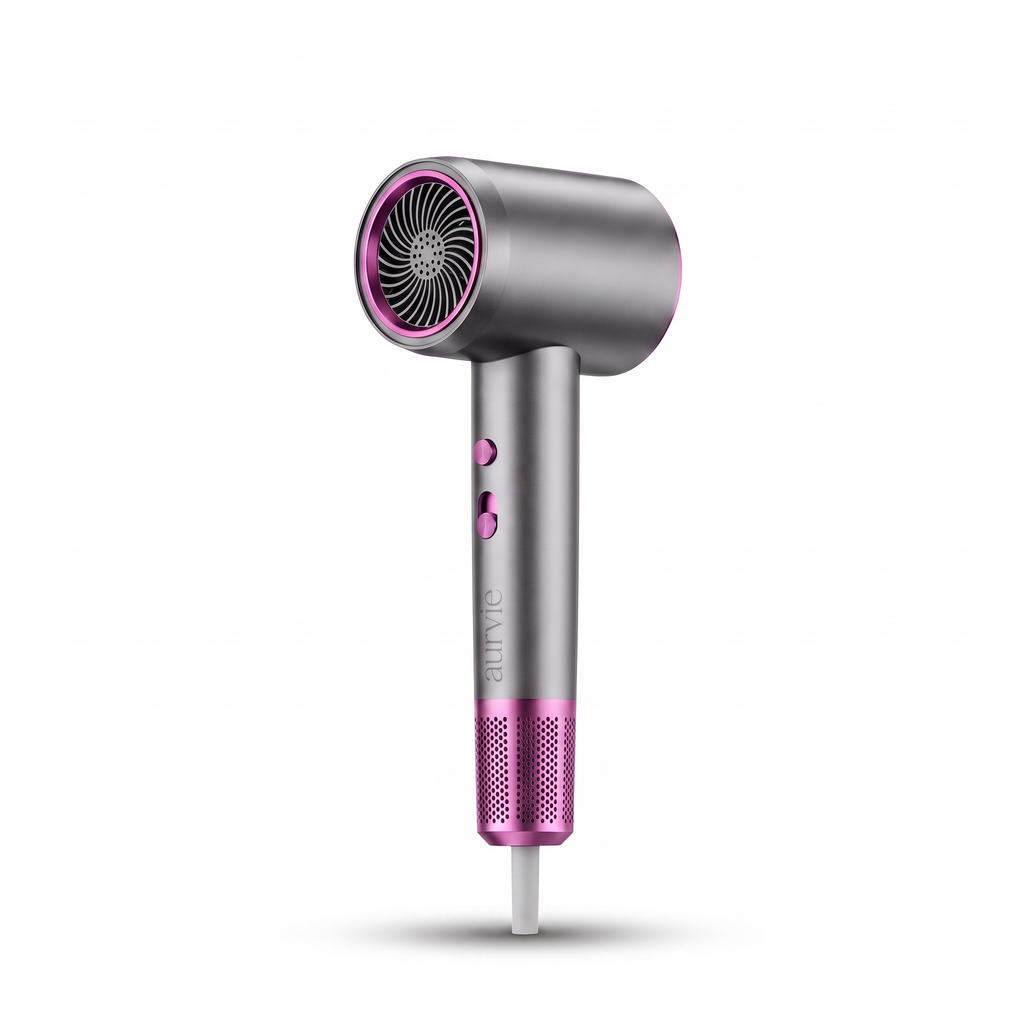 Aurvie Air hair dryer in grey with pink accents on a white background (ALT)