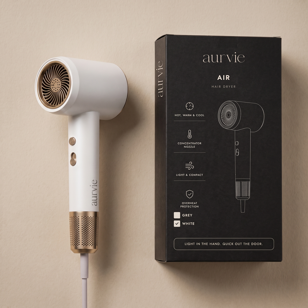 White Aurvie Air hair dryer beside its retail box (ALT)