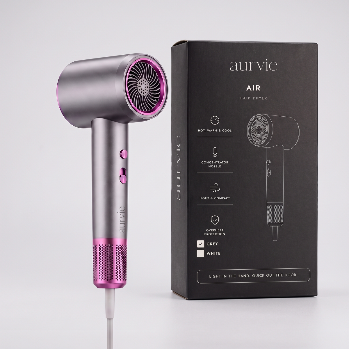 Grey Aurvie Air hair dryer beside its retail box (ALT)