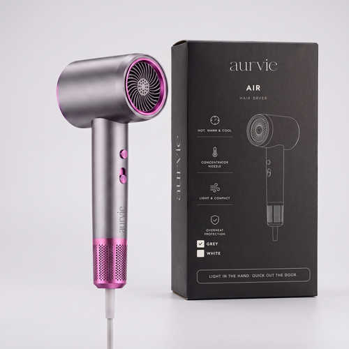 Grey Aurvie Air hair dryer beside its retail box (ALT)