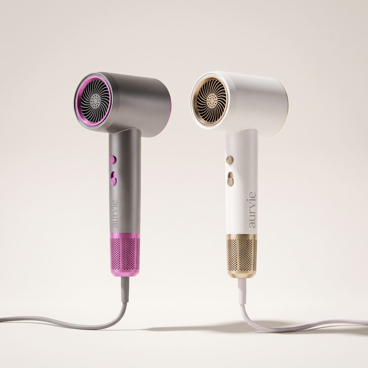 Aurvie Air hair dryers in grey and white side by side (ALT)